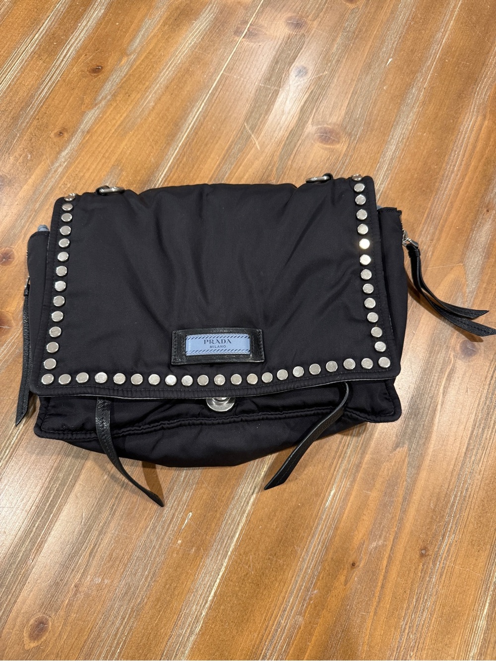 Prada Tessuto Nylon Silver Studded Etiquette Flap Clutch Purse Black Moto Y2K